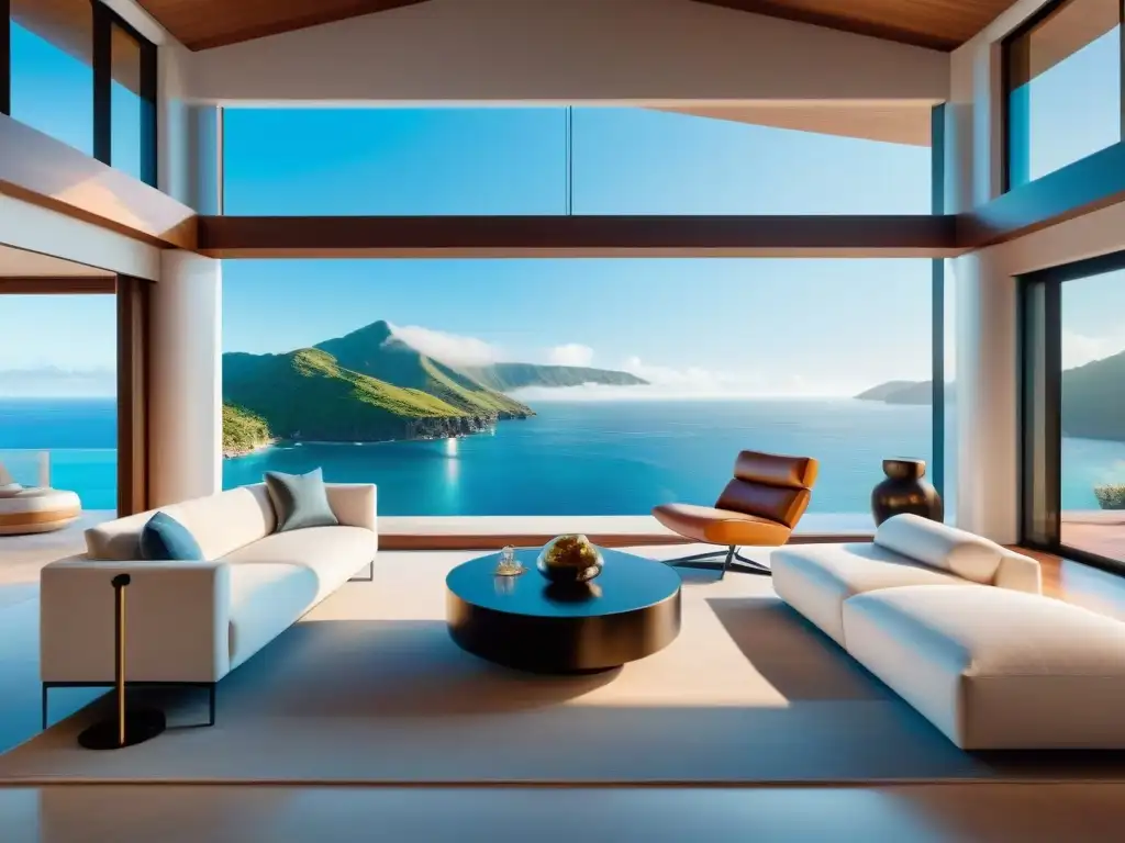 Villa de lujo con tecnología y diseño moderno en la costa Espléndida decoración de alta gama costa en lujoso salón con tecnología integrada y vista al mar