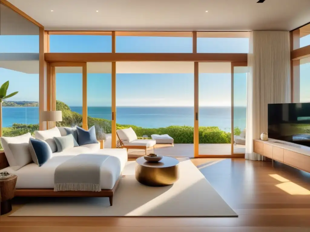 Resplandeciente hogar costero: lujo moderno bañado en luz dorada Espléndida casa costera maximiza luz natural con elegante decoración sostenible y tonos terrosos