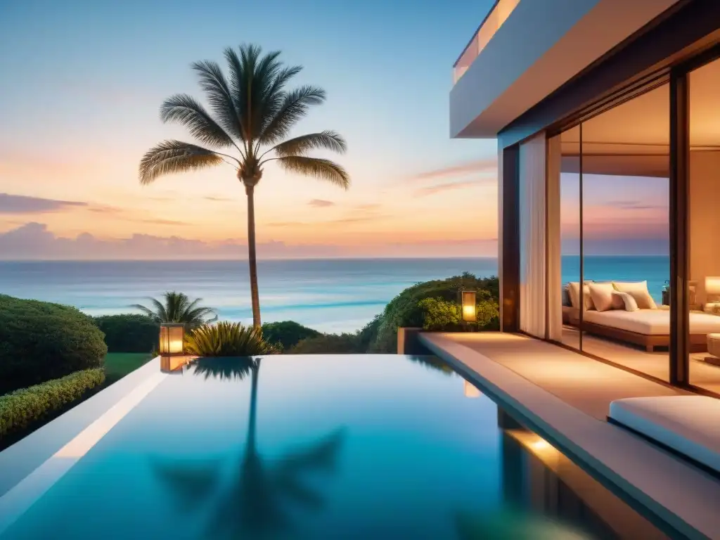 Residencia de lujo frente al mar al atardecer Espléndida casa de playa en venta con diseño moderno, terraza y piscina infinita privada al atardecer