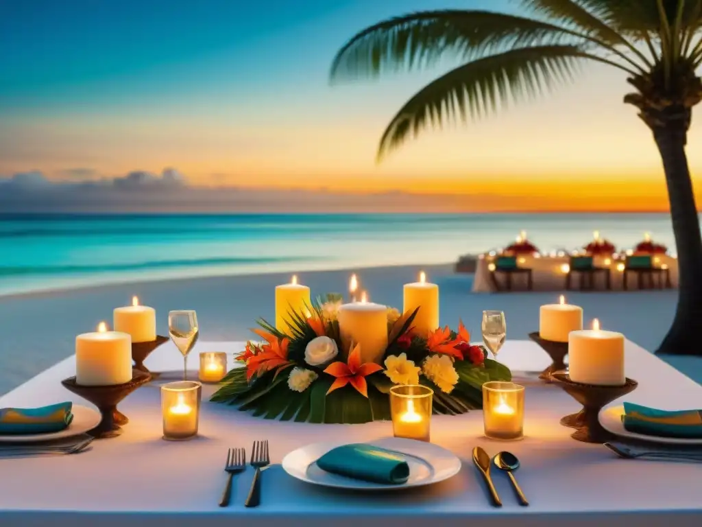 Banquete de lujo en la playa al atardecer Espléndida cena temática en la costa exótica al atardecer