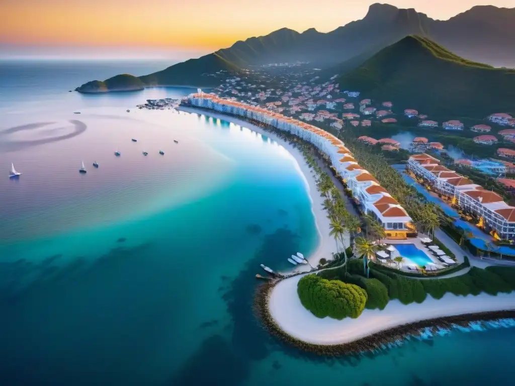 Atardecer dorado en ciudad costera: mezcla de tradición y modernidad Espléndida ciudad costera al atardecer con arquitectura moderna y tradicional, marinas y playas doradas