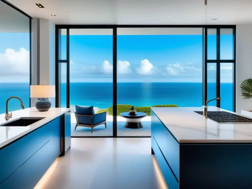 Lujo costero: cocina moderna con vistas al mar y detalles náuticos Espléndida cocina costera de lujo con detalles náuticos y vista al mar