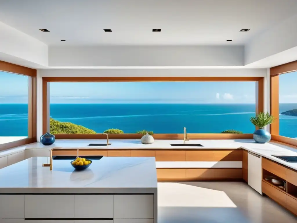 Cocina costera de lujo con vistas al mar Espléndida cocina costera de lujo con detalles náuticos y vistas al mar
