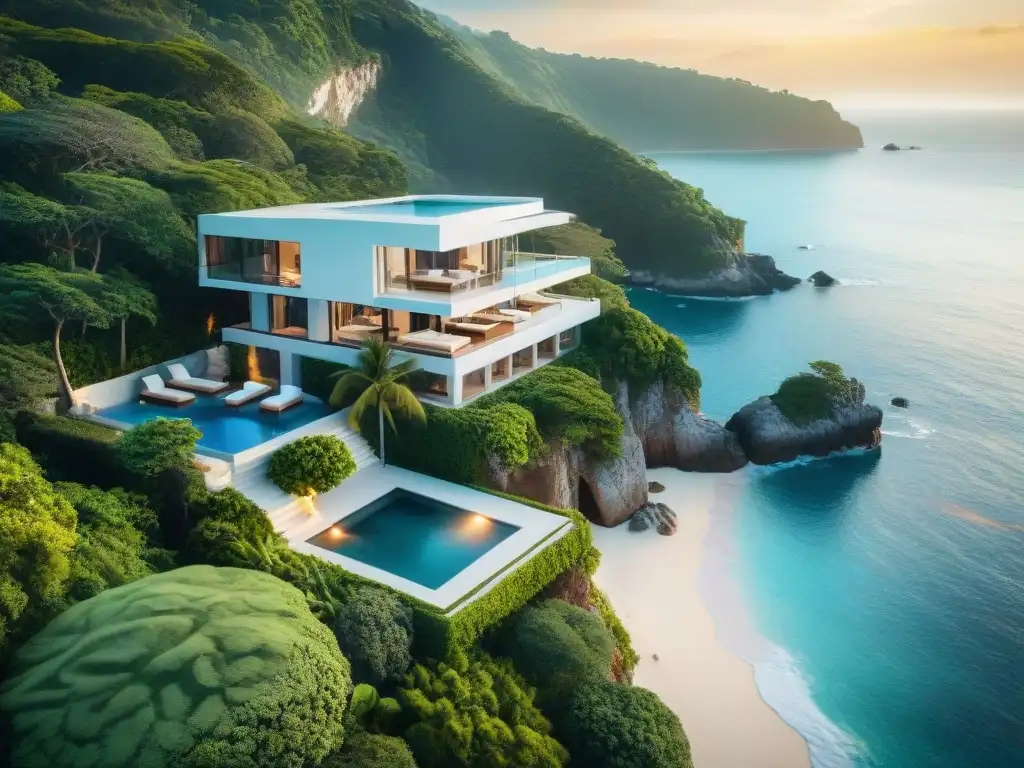 Mansión de lujo en acantilado con vista al mar Espléndida mansión costera en acantilado con decoración lujosa, rodeada de naturaleza y playa, bañada por la luz del atardecer