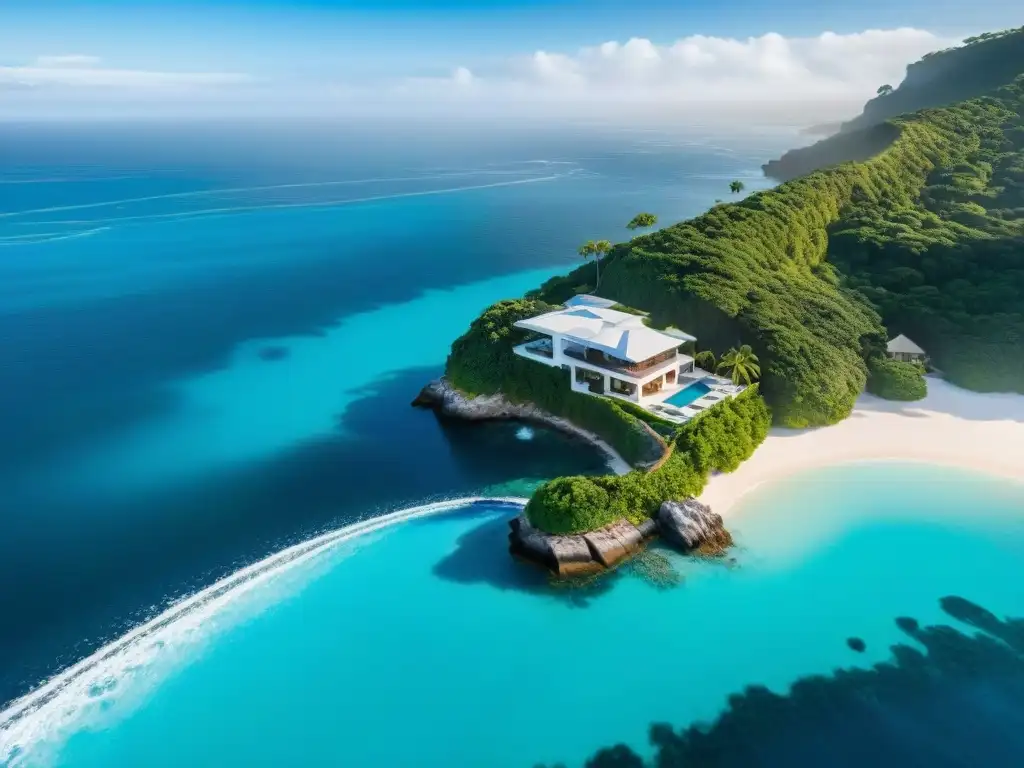 Mansión de lujo en acantilado con vista al mar: sofisticación y relax Espléndida mansión costera con decoración náutica en tonos azules y blancos, rodeada de palmeras y jardines, reflejando lujo y tranquilidad