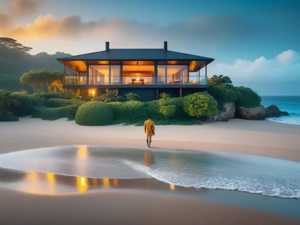Villa de lujo en la costa al atardecer: un paraíso costero Espléndida fotografía documental de una propiedad costera al atardecer, con lujosa villa frente al mar y paisaje tropical exuberante