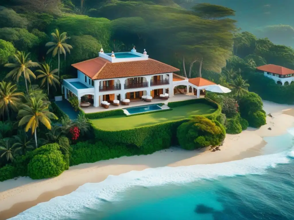 Mansión de lujo entre palmeras y costa, elegancia atemporal Espléndida mansión de estilo hacienda en la costa, rodeada de palmeras, tejas terracota relucientes y vistas al mar turquesa
