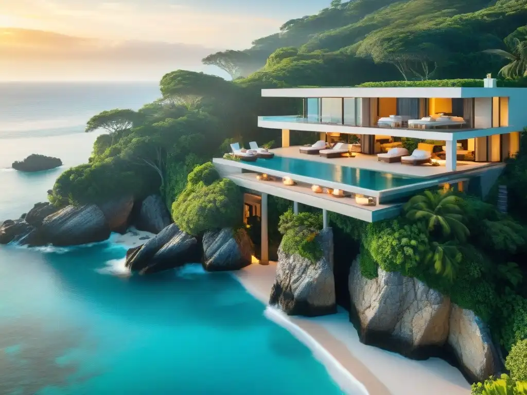 Villa de lujo sobre acantilado: arquitectura moderna con vista al mar Espléndida villa costera, maximiza luz natural con diseño moderno y vistas al mar turquesa