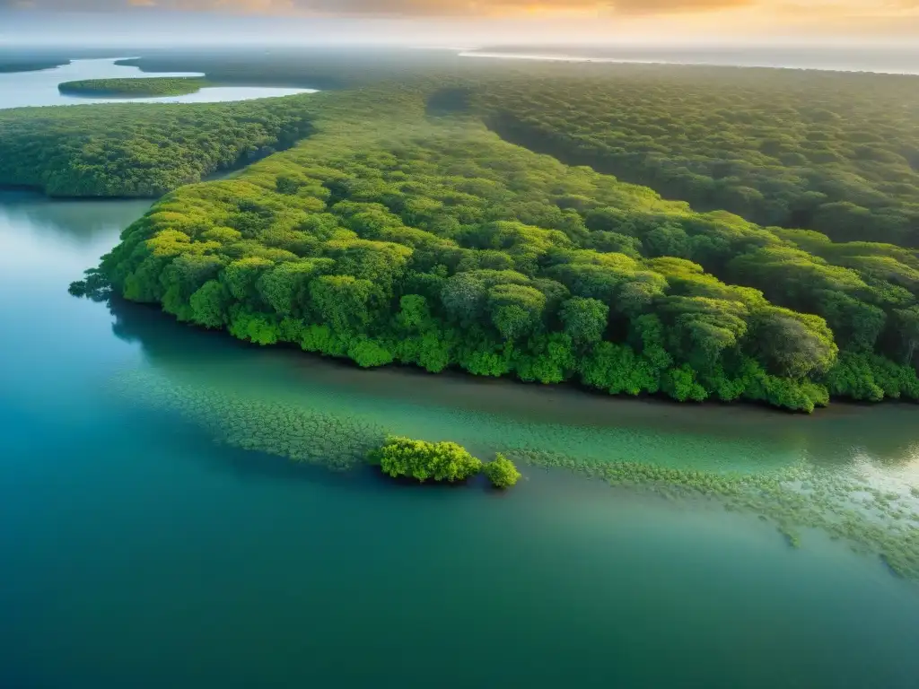 Maravilloso amanecer en manglares: naturaleza en armonía Espléndida vista aérea de manglares en costa al amanecer, reflejando la protección del patrimonio ambiental y la legislación costera