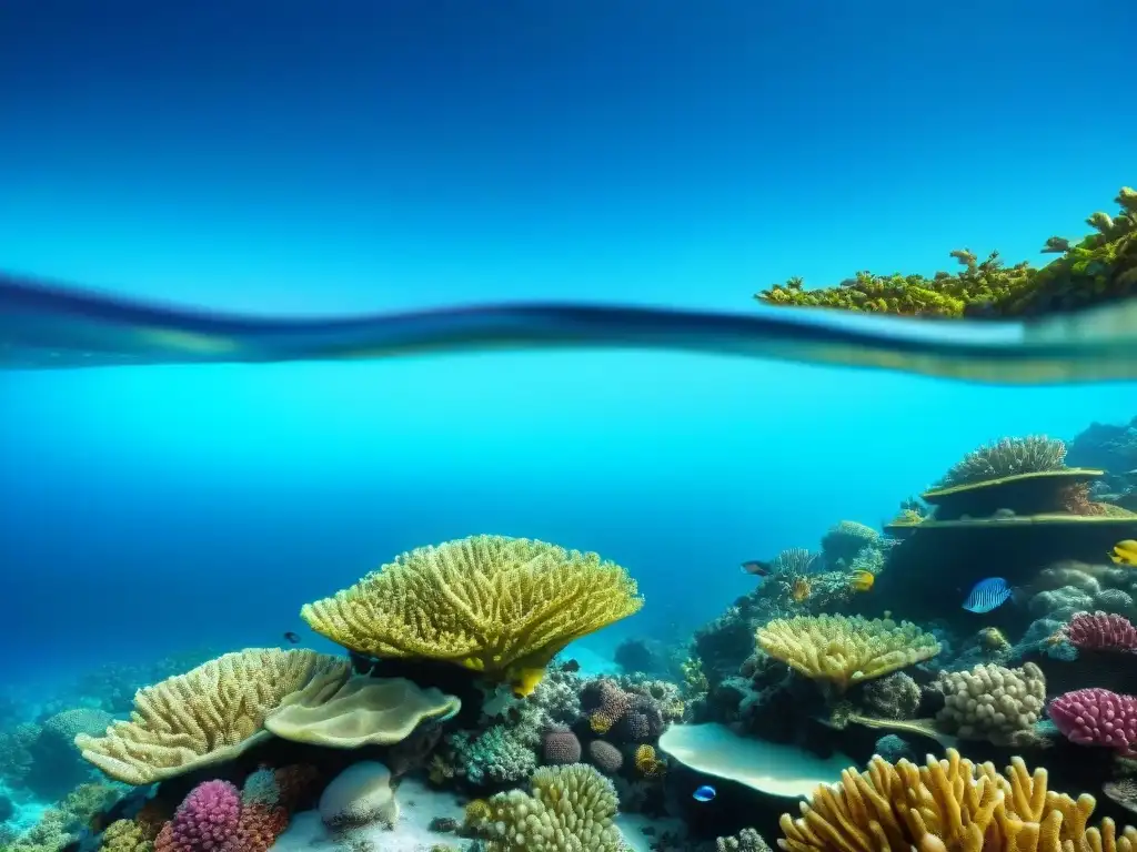 Biodiversidad marina en arrecife de coral: conservación costera Espléndido arrecife de coral con peces coloridos y aguas cristalinas, reflejando la conservación costera frente al cambio climático
