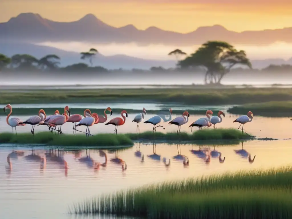 Alborada en humedal costero: flamencos y aves migratorias Espléndido humedal costero al amanecer, resaltando la importancia para aves migratorias