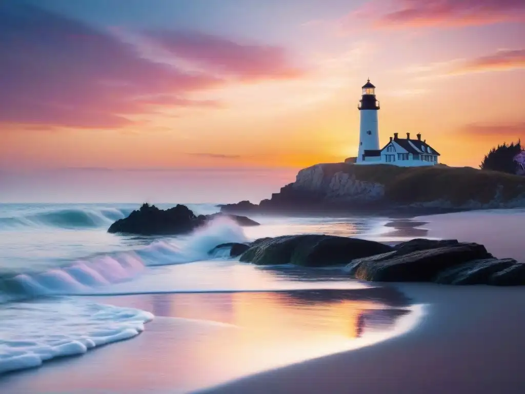 Paisaje costero al atardecer: belleza natural y serenidad Espléndido paisaje costero al atardecer con playa, olas suaves y faro al horizonte