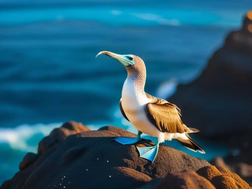 Booby azul en Galápagos: belleza natural detallada Espléndido piquero de patas azules en roca volcánica, fondo de aguas cristalinas en Galápagos