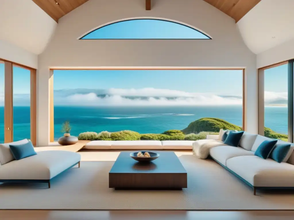 Sala de estar minimalista en la costa: diseño de lujo en 8k Espléndido salón costero minimalista con muebles de diseñador y vista al mar