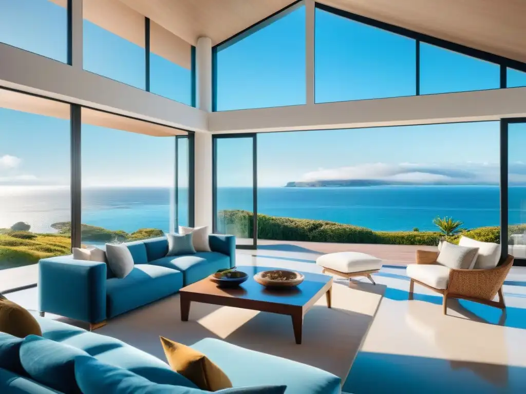 Salón moderno con ventanas panorámicas: vista costera espectacular Espléndidos ventanales panorámicos en casa de la costa con vista al mar y decoración moderna