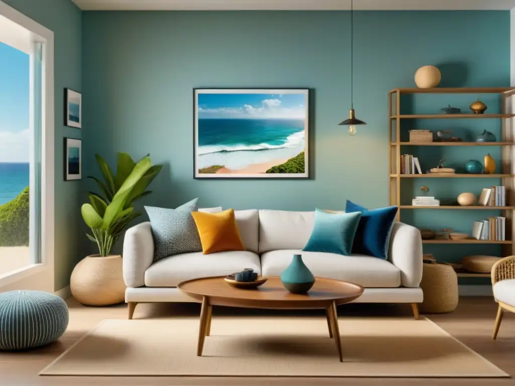 Errores comunes en decoración costera: ¡evítalos! Esquina de sala de estar con errores de decoración: colores desparejados, accesorios desordenados y muebles grandes