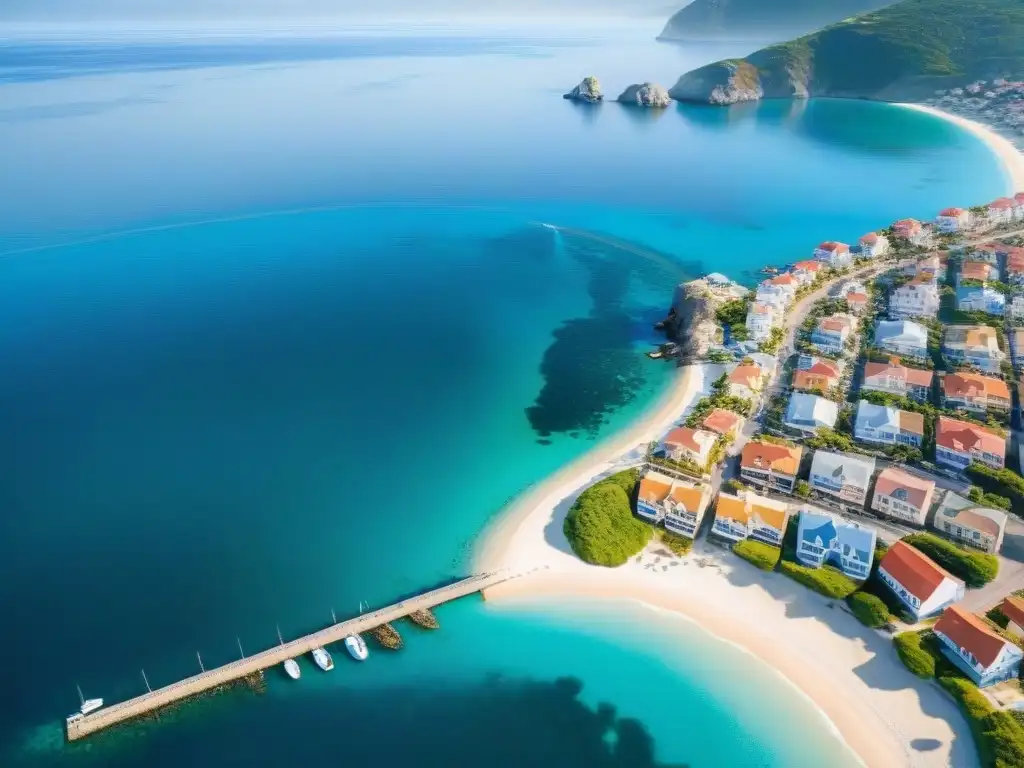 Costa tranquila: alquileres vacacionales confiables junto al mar Evitar estafas alquiler vacacional costero: Vista aérea de un pueblo costero con propiedades de alquiler vibrantes junto al mar y turistas felices