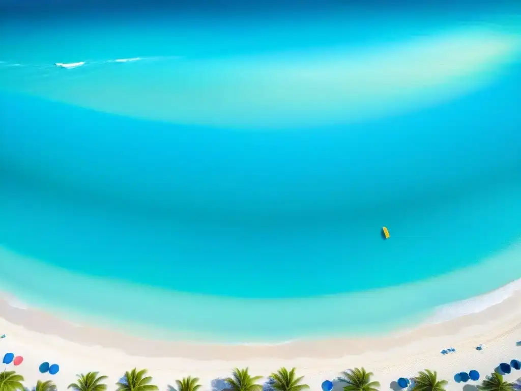 Paraíso tropical: playa de arena blanca con sombrillas y aguas turquesas Evitar estafas alquiler vacacional costero: Playa paradisíaca con sombrillas coloridas y aguas turquesas cristalinas