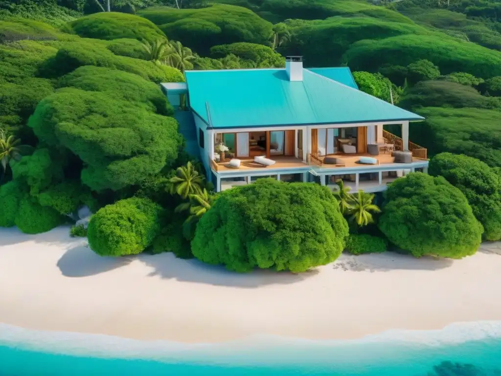 Paraíso vacacional: Playa de aguas turquesas y lujo Evitar estafas alquiler vacacional costero: paraíso vacacional seguro con playa turquesa y propiedades de lujo rodeadas de vegetación exuberante