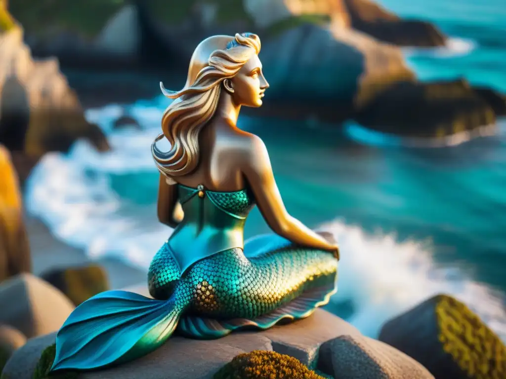 Estatua de sirena: misterio y sabiduría marina en la costa Una estatua majestuosa de sirena en la costa, evocando leyendas y mitología marina