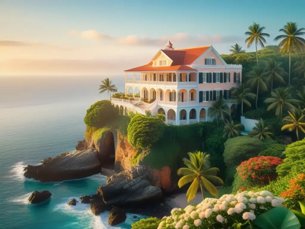 Majestuosa casa colonial en acantilado con vistas al mar Casa estilo colonial en acantilado con vista al mar, rodeada de palmeras y flores vibrantes al atardecer