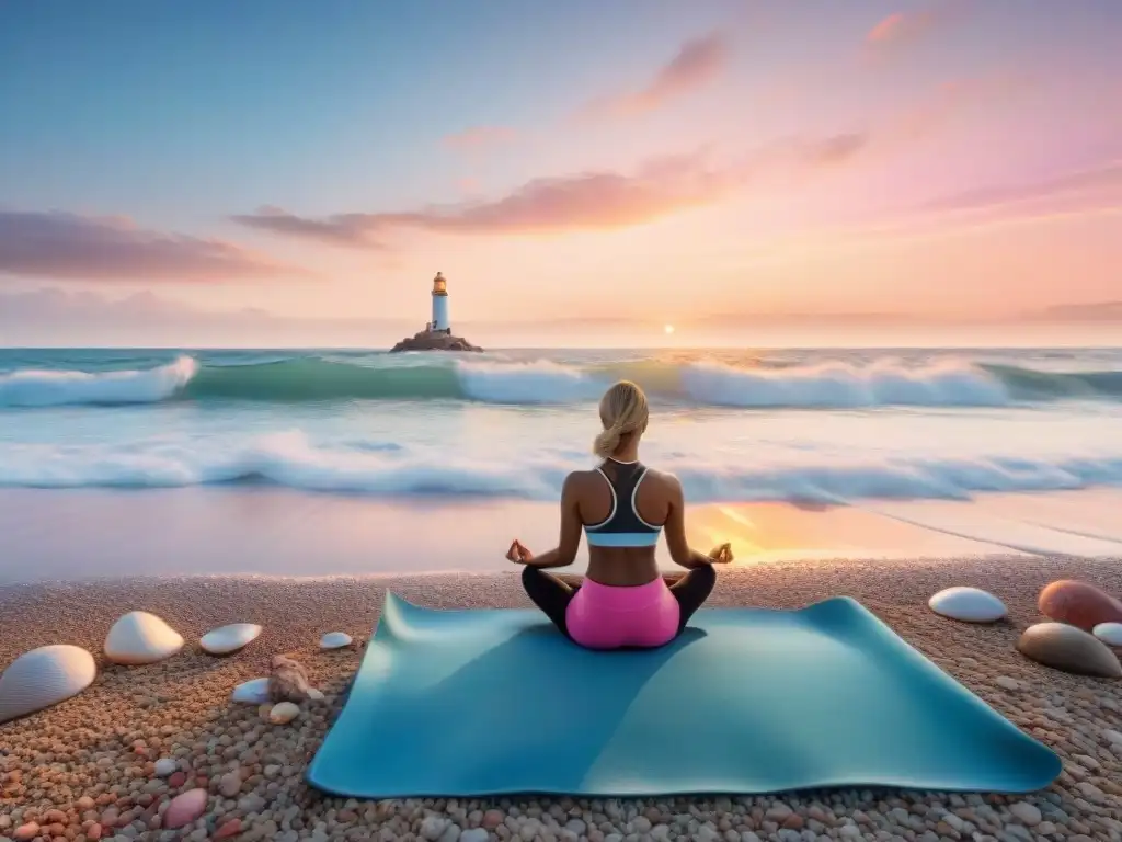 Yoga al amanecer: playa serena con vista al faro Estilo de vida activo junto al mar: Amanecer sereno en la playa, con yoga al amanecer entre conchas y piedras, bajo un cielo pastel