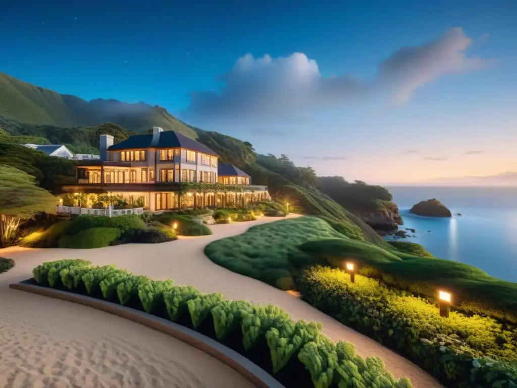 Diseño de iluminación nocturna en propiedad costera Estrategias de paisajismo en propiedad costera: noche iluminada resalta belleza arquitectónica y naturaleza serena