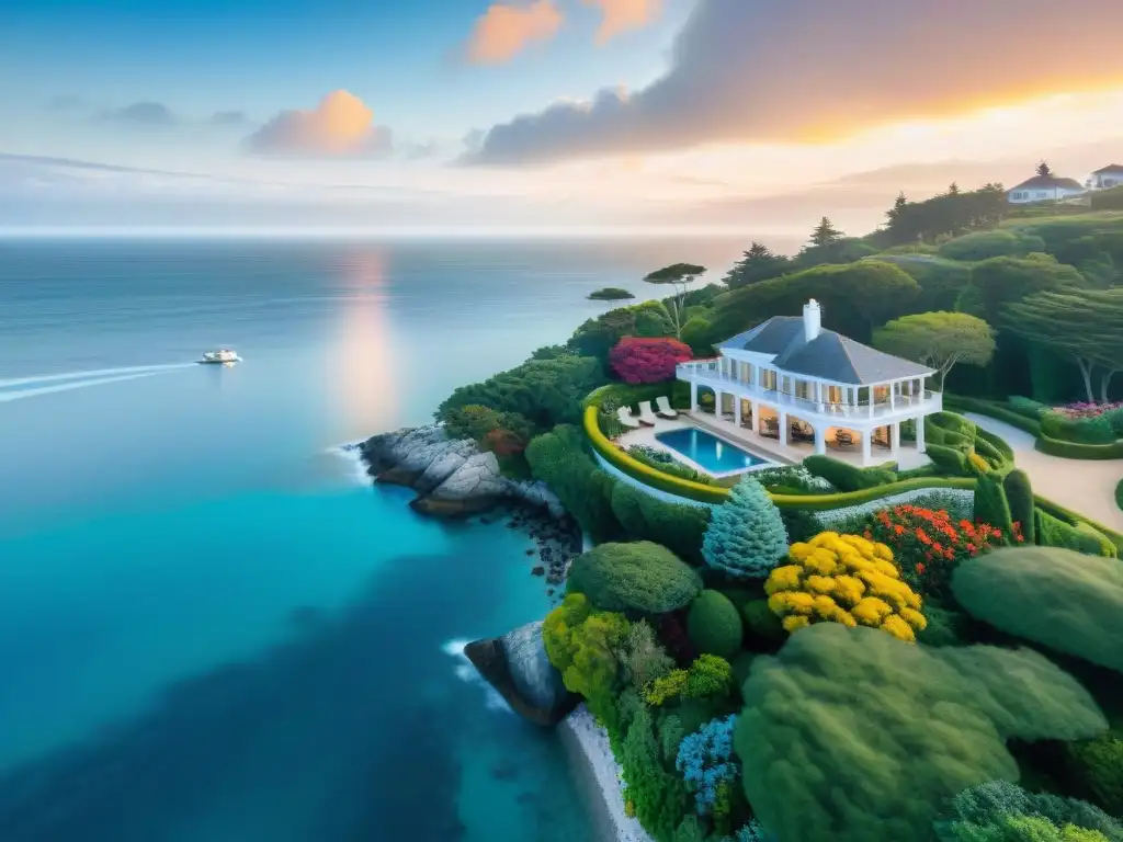 Propiedad costera de lujo: jardines y vistas impresionantes Estrategias paisajismo propiedad costera: vista aérea de lujo con jardines floridos, sendero de piedra y playa privada al atardecer