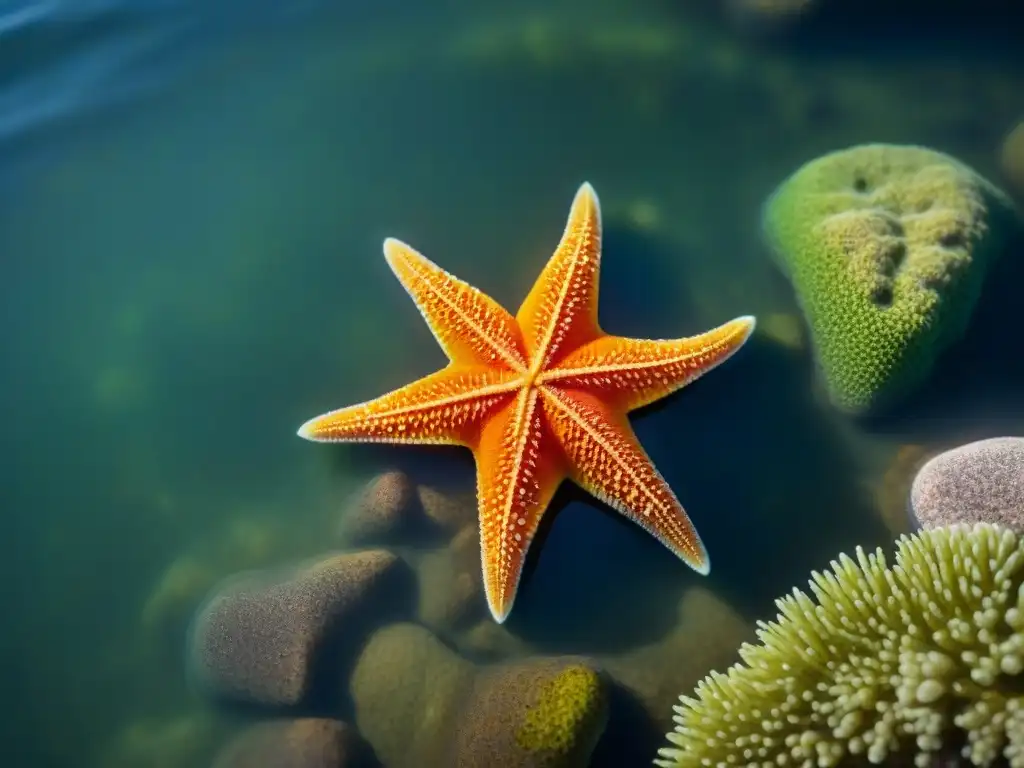 Estrella de mar naranja en roca cubierta de musgo en aguas cristalinas Estrella de mar naranja brillante en roca cubierta de musgo en aguas cristalinas, con el sol reflejado en el océano