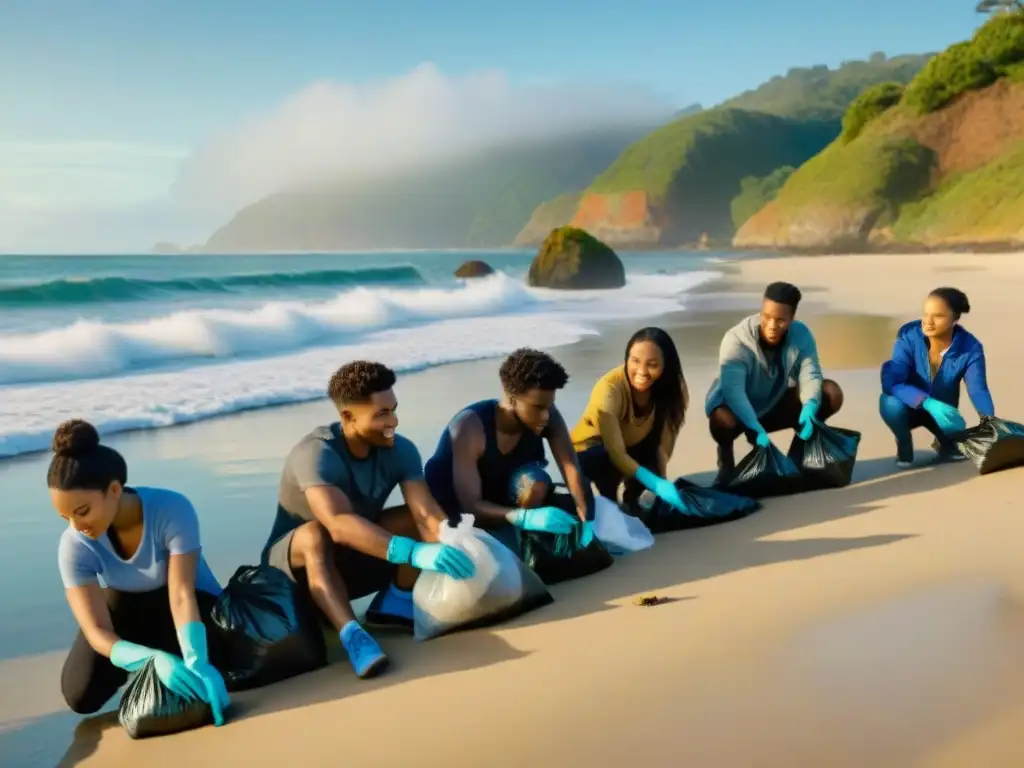 Estudiantes unidos: Limpieza de playa para conservación ambiental Estudiantes diversidad limpian basura en playa