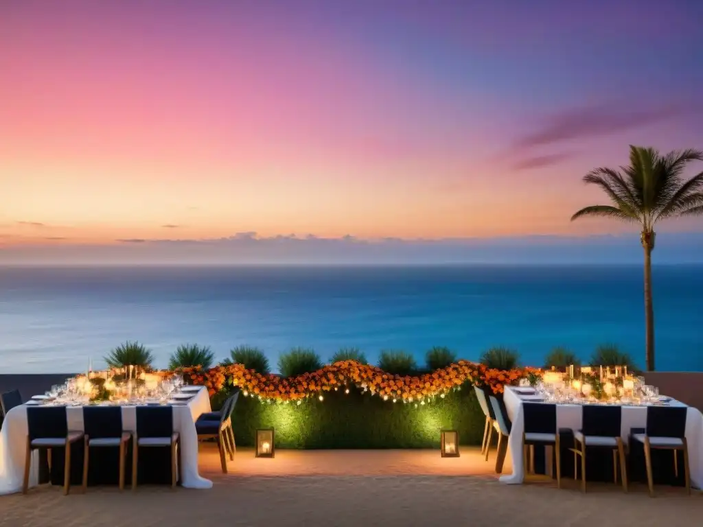 Puesta de sol mágica en evento costero Decoración eventos costeros iluminación: Atardecer pintoresco en venue costero con tonos cálidos y luces tenues