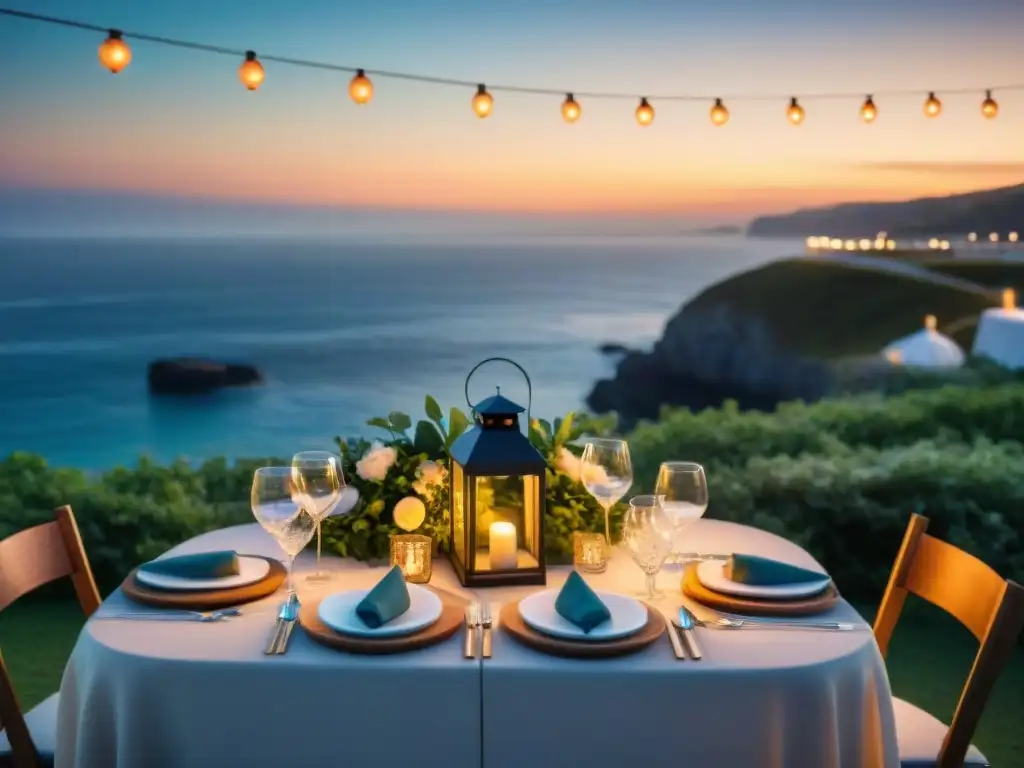 Decoración costera al atardecer: ambiente mágico junto al mar Decoración para eventos costeros iluminada por luces en la costa al atardecer