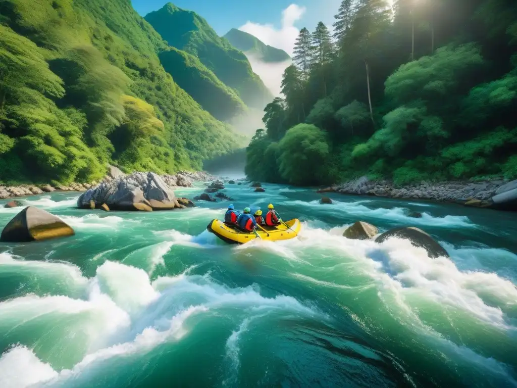 Emoción en Rápidos: Aventura en Rafting en Costa Tropical Excitante rafting en ríos costeros, aventureros desafían rápidos rodeados de exuberante naturaleza