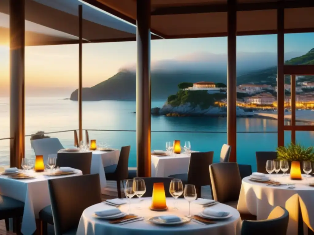 Gastronomía de lujo en restaurante Michelin frente al mar al atardecer Exclusiva gastronomía de lujo en destino costero al atardecer