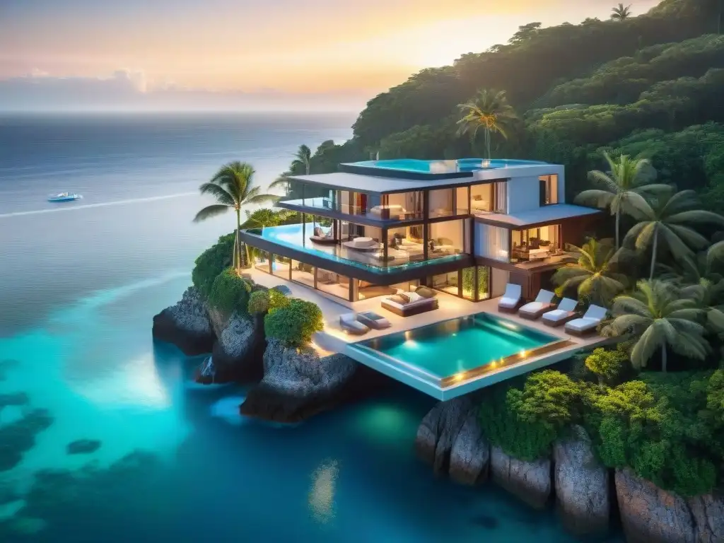Residencia de lujo en acantilado: atardecer en paraíso Exclusiva propiedad costera de lujo con vista al mar y piscina infinita al atardecer