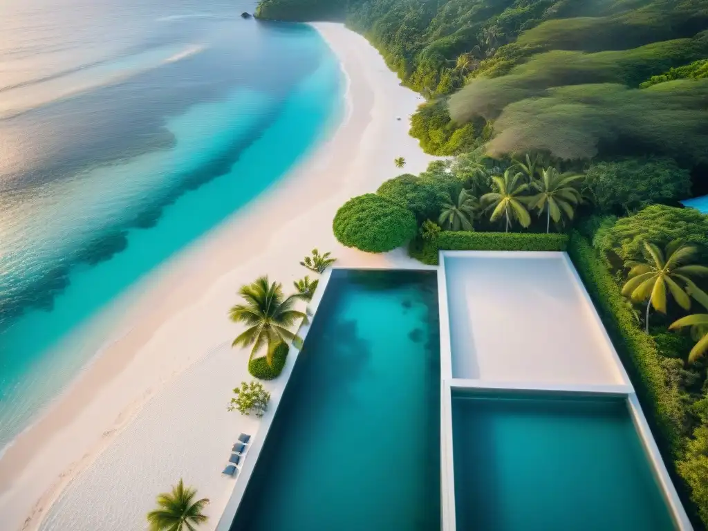 Propiedad de playa de lujo al atardecer: paraíso tropical Exclusiva propiedad frente al mar con servicios de concierge, playa de arena blanca y aguas turquesas al atardecer