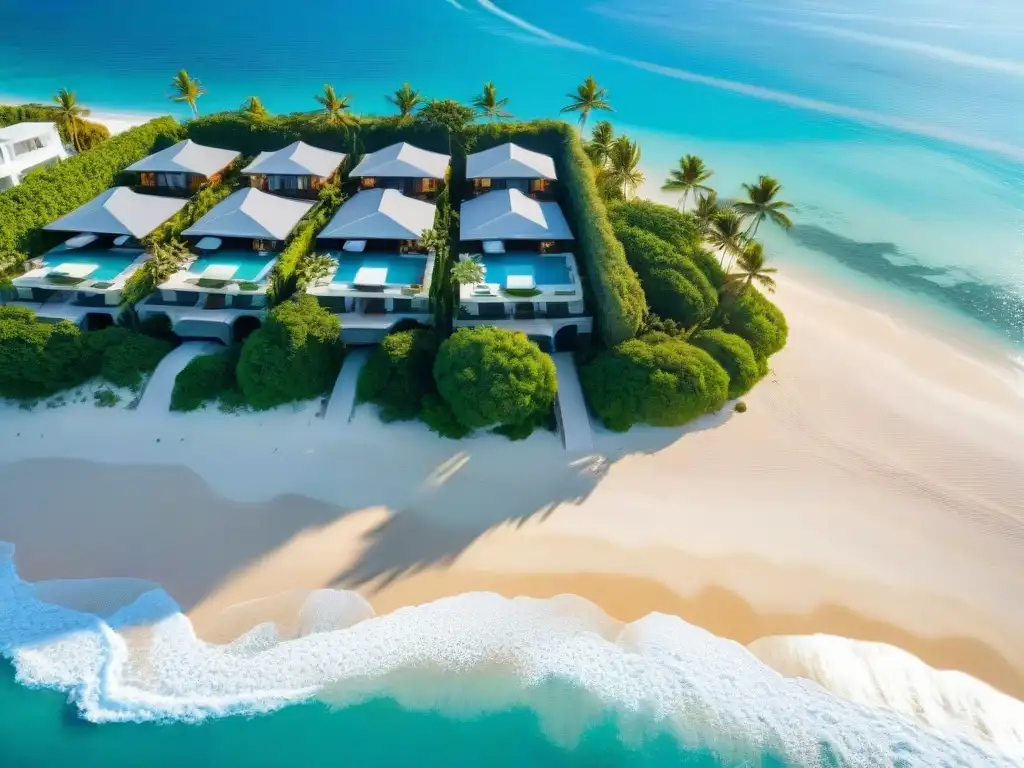 Propiedades de lujo frente al mar al atardecer Exclusivas villas frente al mar al atardecer, con piscinas infinity privadas, palmeras y aguas turquesa