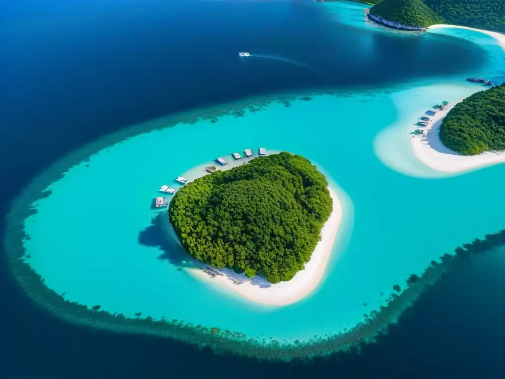 Isla privada de lujo: exclusividad y opulencia en el paraíso Exclusivo alquiler de islas privadas: vista aérea de isla con villas, playa de arena blanca y aguas turquesas cristalinas