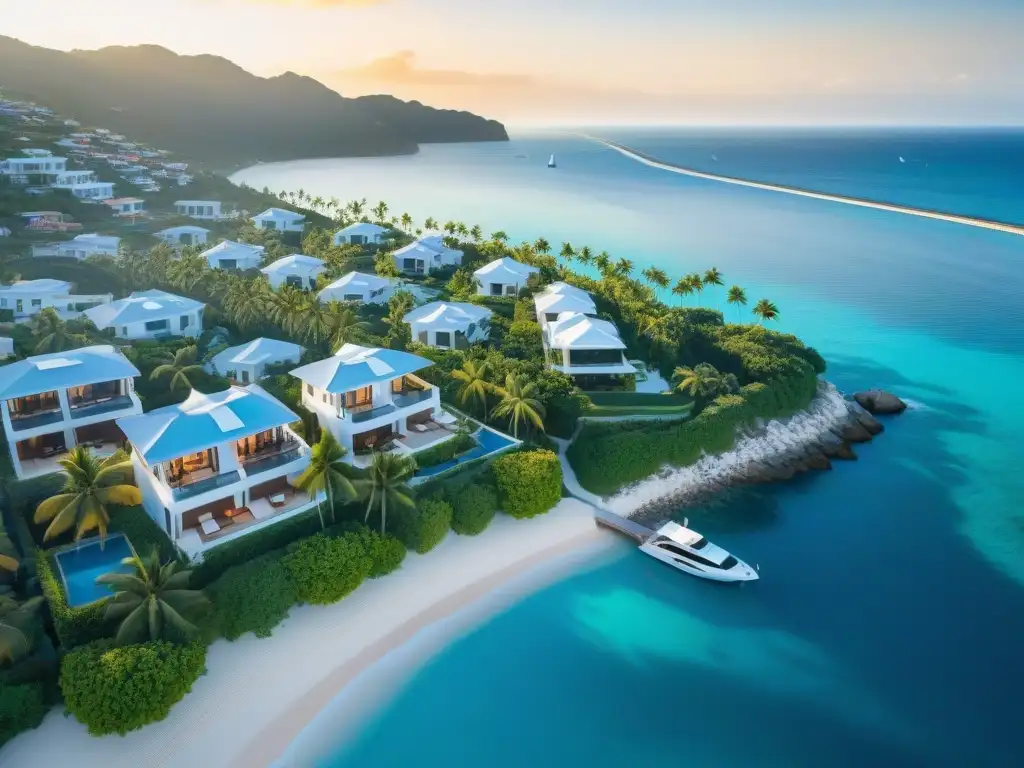 Desarrollo costero de lujo: villas, playa y marina Exclusivo desarrollo inmobiliario costero con villas modernas frente al mar, playa y marina de lujo
