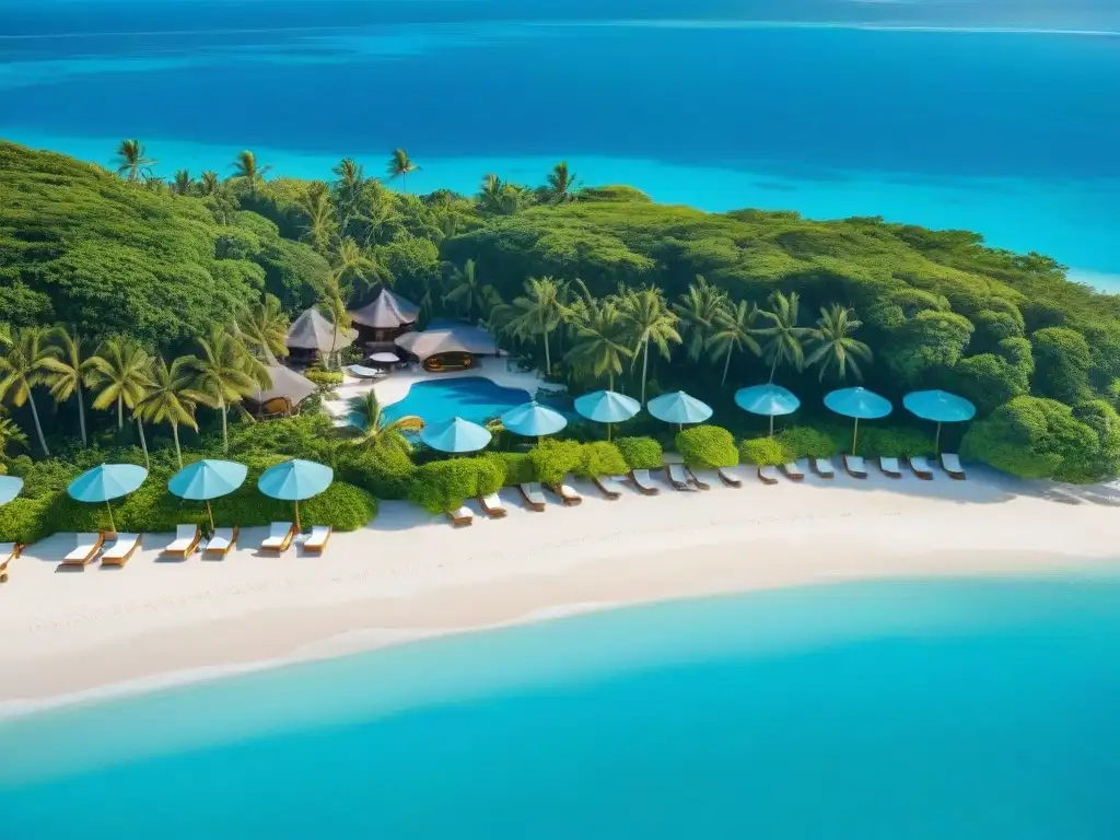 Paraíso costero: resort 5 estrellas entre aguas turquesa y exuberante vegetación Un exclusivo resort costero de lujo, inmerso en aguas turquesas y exuberante vegetación, con palmeras meciéndose suavemente al viento marino