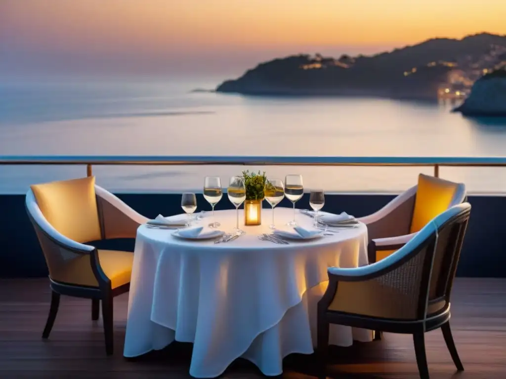 Restaurante de lujo junto al mar al atardecer Un exclusivo restaurante costero al atardecer, mesas elegantes, luces suaves y vista al mar