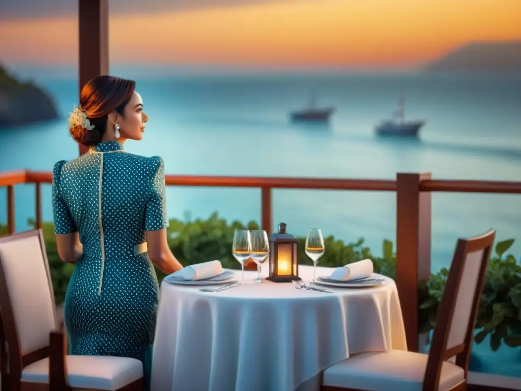 Atardecer exclusivo en restaurante de lujo frente al mar Exclusivo restaurante costero al atardecer, con comensales disfrutando una cena gourmet