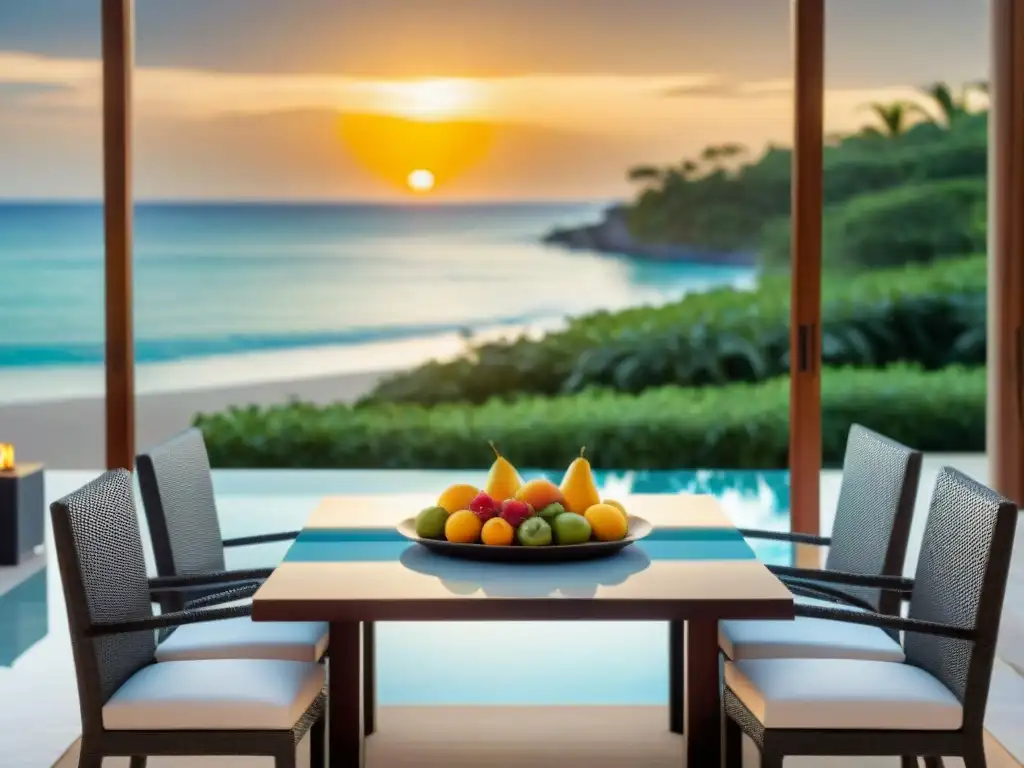 Exclusiva villa frente al mar con conserje privado Un exclusivo servicio de concierge frente al mar preparando una lujosa cena al atardecer