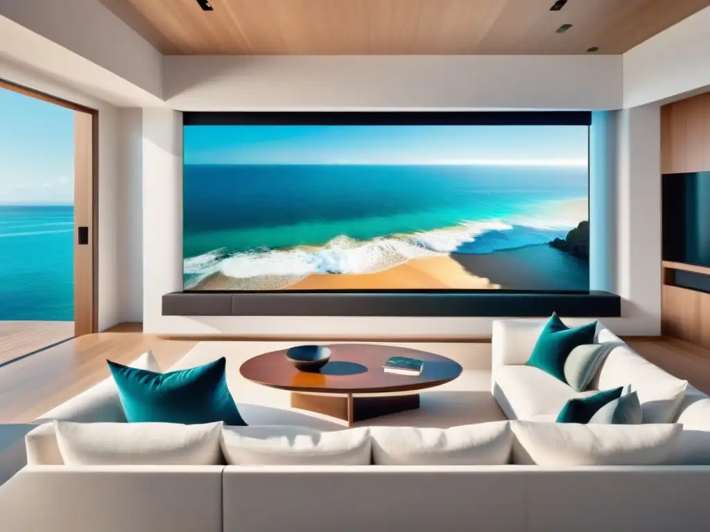 Teatro en casa de lujo frente al mar Exclusivo sistema audio video casa playa con tecnología avanzada y elegante decoración costera