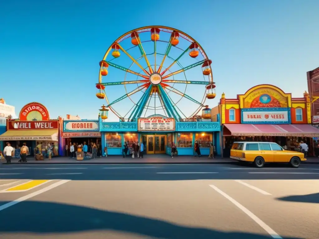Diversidad y color en Coney Island: escena vibrante junto al Wonder Wheel Éxito urbano en Coney Island: Gente diversa disfruta de negocios locales y arte callejero bajo un cielo azul brillante