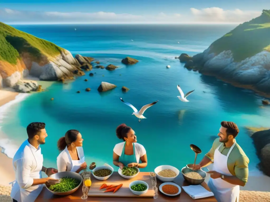 Clase de cocina costera: aprendizaje auténtico y pasión culinaria Una experiencia culinaria costera única con un grupo diverso aprendiendo en una clase de cocina personalizada en la playa