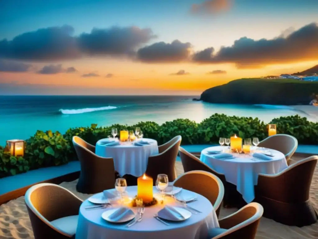 Exclusiva experiencia culinaria frente al mar al atardecer Una experiencia culinaria de lujo en un restaurante frente al mar al atardecer, con mesas elegantes, velas y platillos gourmet