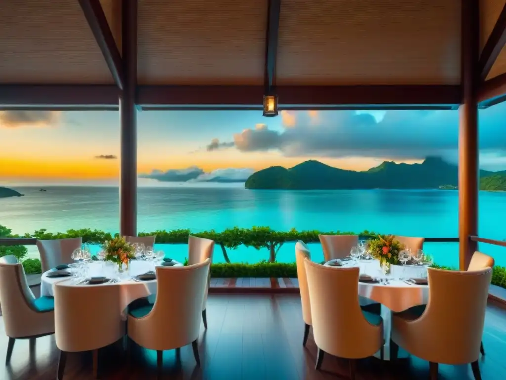 Restaurante de lujo sobre aguas cristalinas con atardecer pintoresco Experiencia gastronómica en restaurantes sobre agua con atardecer sereno