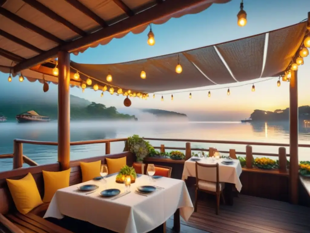 Experiencia gastronómica única en restaurante frente al mar al atardecer Experiencia gastronómica en restaurantes de agua al atardecer con luces brillantes y cena bajo las estrellas