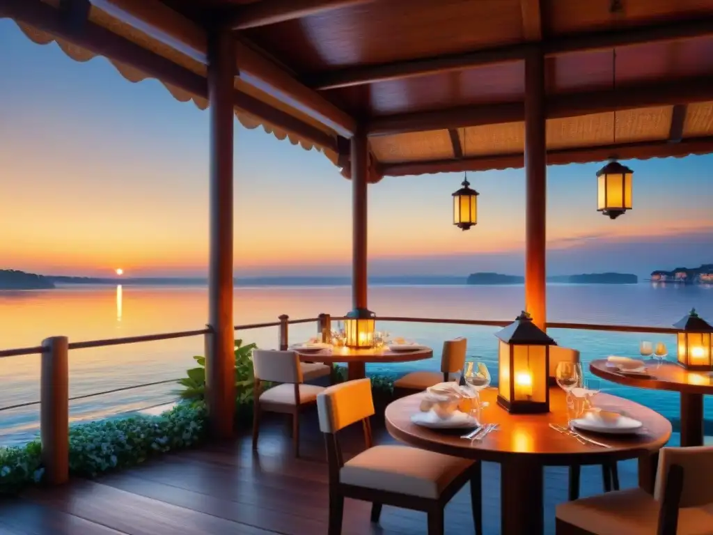 Atardecer sereno en restaurante frente al mar: elegancia y tranquilidad Experiencia gastronómica en restaurantes sobre el agua al atardecer